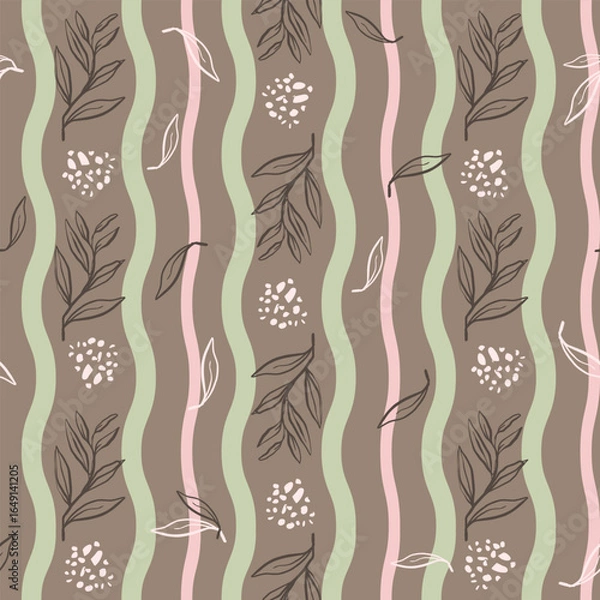 Fototapeta Seamless floral line art pattern with pastel tones. Elegant leaves and flowers in vertical waves, perfect for home decor, wallpaper, fabric, wrapping, and stylish decoration projects.