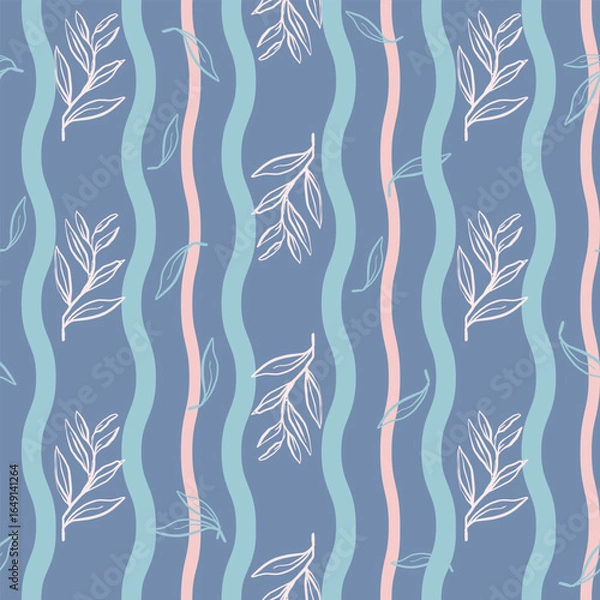 Fototapeta Seamless floral line art pattern with pastel tones. Elegant leaves and flowers in vertical waves, perfect for home decor, wallpaper, fabric, wrapping, and stylish decoration projects.