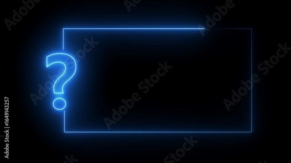 Obraz Blue Neon Question Mark and Rectangle Frame on Black Background light glow