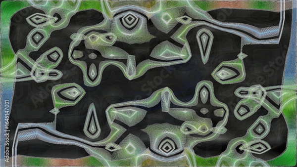 Fototapeta Abstract digital artwork with intricate green, white, and black patterns forming organic shapes and flowing lines, creating a futuristic, textured, and symmetrical visual composition. Generated image.