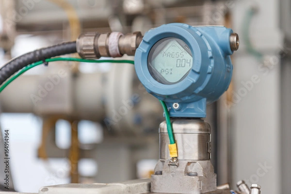 Obraz Digital pressure gauge for monitor process controller industry oil and gas , Use in service and maintenance, Programmable logic controller used in sea offshore.