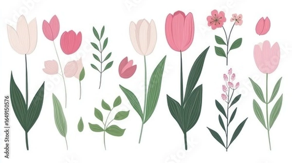 Obraz Pink tulips and flowers graphic design elements