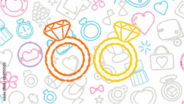 Fototapeta Two engagement rings orange and yellow on a white background with various doodle style icons around it silhouette