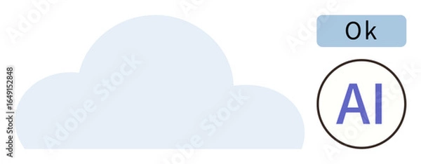 Fototapeta Soft blue cloud, AI label in a circular frame, and Ok notification box. Ideal for technology, cloud data, AI systems, approval process, innovation automation and digital services. Minimal flat