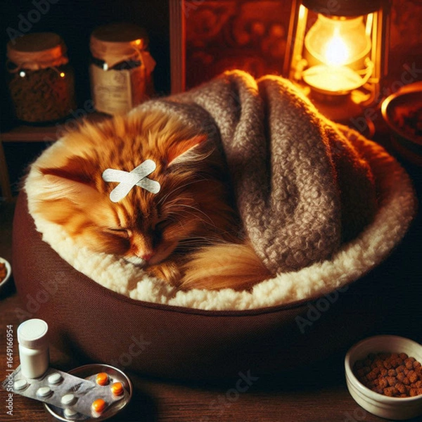Fototapeta A fluffy orange cat curled up in a plush pet bed, wrapped in a tiny blanket with a fever patch on its forehead. A bowl of untouched food and medicine bottles sit nearby, warm lamplight creating a comf