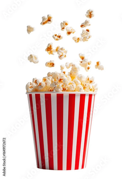 Obraz A classic red and white striped popcorn bucket with a few popcorn kernels floating in the air isolated on transparent background.