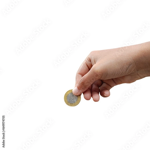 Fototapeta Hand holding Indian 10 Rupee coin in giving gesture, isolated on white background, banking, finance, charity, and business.