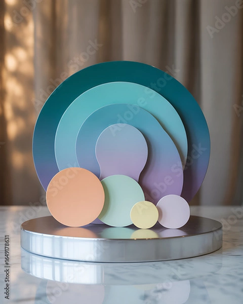 Fototapeta Abstract rainbow arch and circular forms on a pedestal
