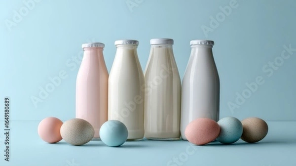 Obraz Group of glass milk bottles with eggs on pastel background for dairy fresh nutrition organic food concept
