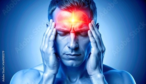Fototapeta A Digital figure holds head with glowing red forehead, symbolizing headache, stress, or neural pain