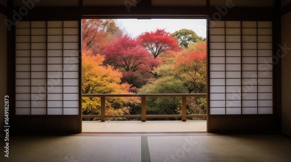 Fototapeta japanese temple hall window view with vibrant maple foliage in autumn | autumn, japanese architecture, gardens, traditional, photography theme