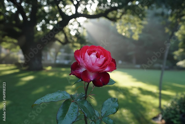 Fototapeta Single red and white rose blooms in a sunlit garden with large tree