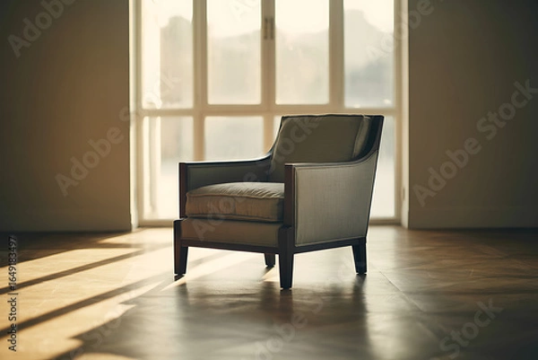 Fototapeta Cozy armchair bathed in warm sunlight by a large window