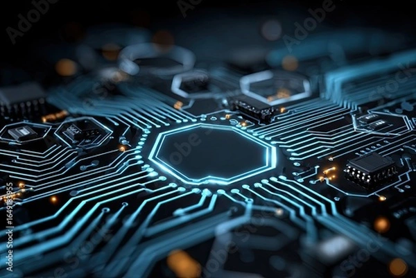 Fototapeta Close-up of a glowing circuit board with intricate pathways and components