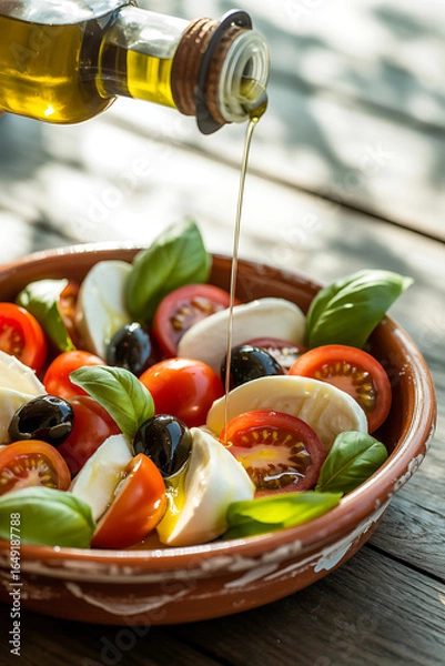 Fototapeta Fresh caprese salad being drizzled with olive oil on a rustic wooden table