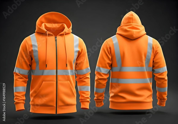 Fototapeta Bright orange high visibility full zip hoodie with reflective strips front and back. Essential safety apparel for workers in low light conditions outdoor activities