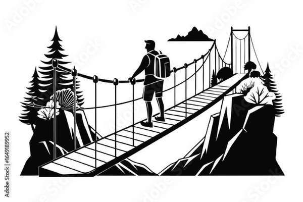 Fototapeta Black and white vector image of hiker crossing suspension bridge scenery