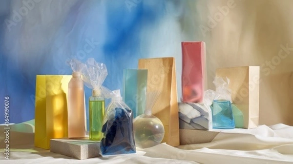 Obraz Colorful glass perfume bottles with fabric background for beauty branding cosmetics packaging product photography aesthetic modern composition