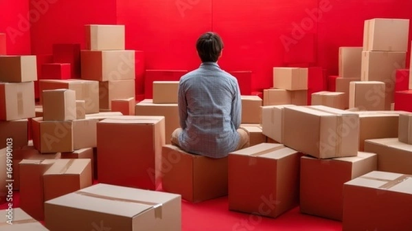 Fototapeta Man sitting on red floor surrounded by many cardboard boxes for logistics warehouse shipping packaging concept business presentation
