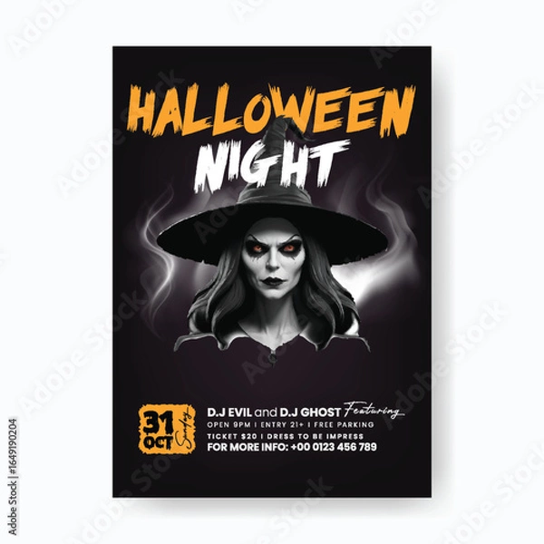Fototapeta Halloween Party Event Flyer and Poster Template with Dark Background, Scary Face Witch Vector Illustration for Trick or Treat Leaflet Design