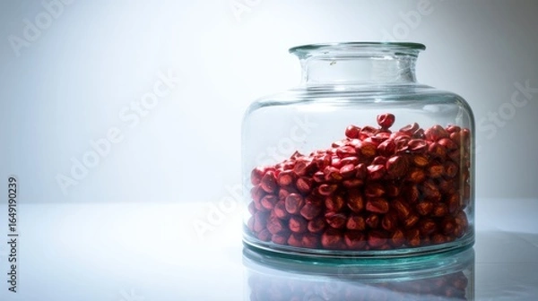 Obraz Glass jar filled with pomegranate seeds on white background for nutrition healthy food concept minimal kitchen organic ingredient presentation