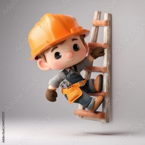 Fototapeta A cute cartoon construction worker with a yellow helmet and tool belt climbs a wooden ladder against a plain background.