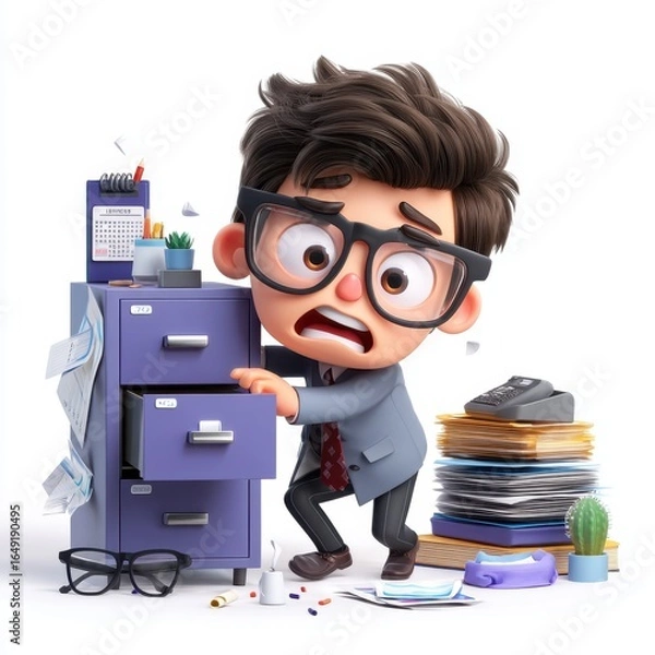 Fototapeta A stressed cartoon man searches through a cluttered filing cabinet amid stacks of paperwork and office supplies.