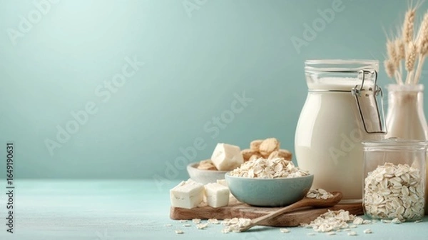 Fototapeta Dairy products with glass bottle oats and nuts on table for healthy food concept protein breakfast nutrition product packaging photography