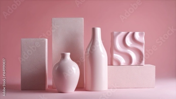 Fototapeta Still life pink and white sculptural objects on background for minimalist abstract product photography branding modern lifestyle visual design
