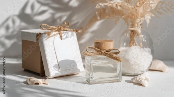 Fototapeta Gift box perfume bottle and white decor with soft light for elegant beauty spa presentation branding product packaging design photography