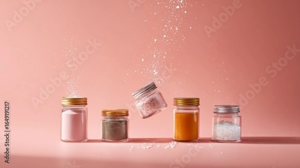 Fototapeta Colorful beauty jars exploding on pastel pink background for skincare cosmetics branding advertising wellness concept creative product