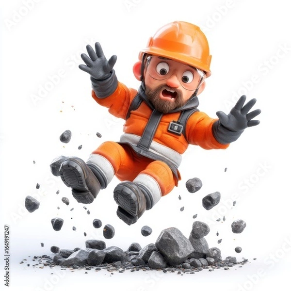Fototapeta A cartoon construction worker in safety gear appears to be falling or tripping amid flying rocks on a white background.