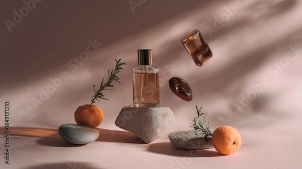 Fototapeta Natural perfume bottle with herbs and fruits on pink background for organic skincare wellness fragrance product branding design layout