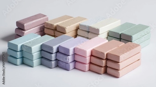 Fototapeta Colorful stacked soap bars arranged in lines on pastel background for clean skincare hygiene natural product packaging design branding