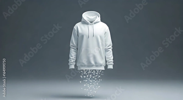 Fototapeta A pristine white hoodie floats dissolving into a cascade of bird-like particles against a serene grey backdrop suggesting a magical disappearance or transformation. Ideal for conceptual art or fashion