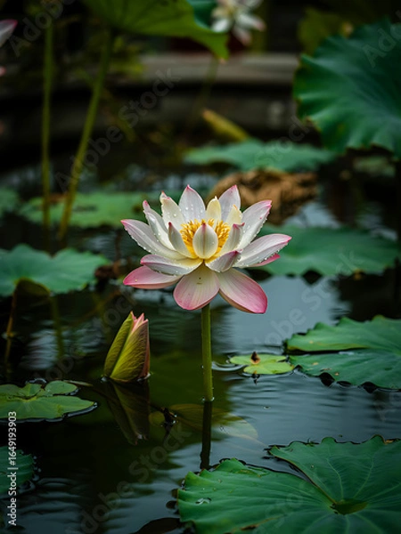 Fototapeta Serene white lotus flower blooms amidst lush green lily pads in tranquil pond
