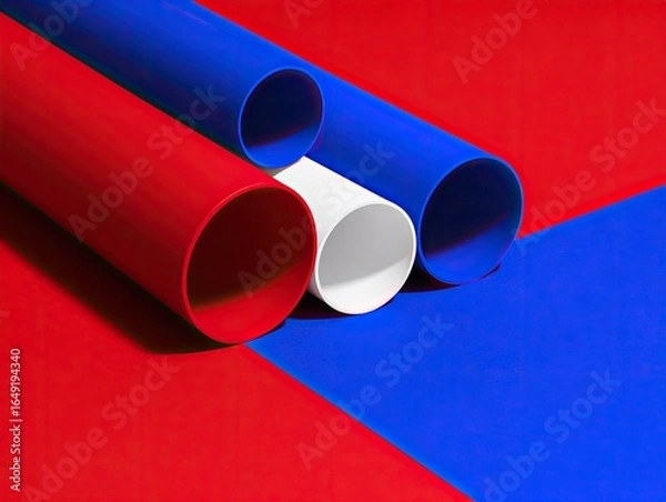 Fototapeta Three colorful tubes, red and blue, on a red and blue background