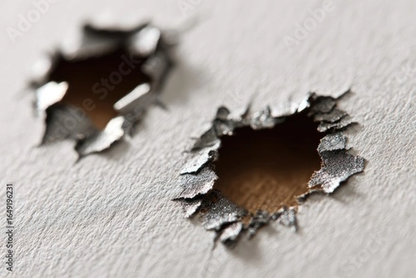 Fototapeta Two holes punched through a textured, light gray surface.  Cracked edges of the holes