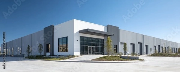 Fototapeta Modern large industrial warehouse building with sleek design, expansive glass , and surrounding parking area under a clear blue sky