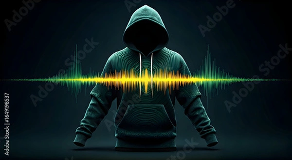 Fototapeta Mysterious figure in a hoodie with a vibrant sound wave across the chest representing audio creativity and digital presence perfect for music production or podcast visuals