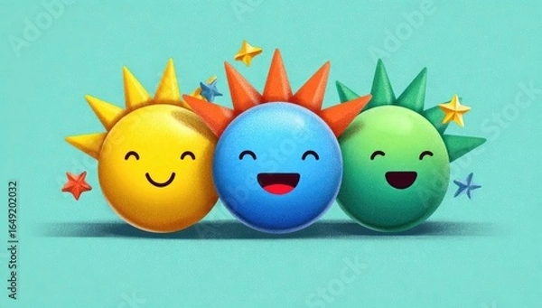 Fototapeta Three cartoon faces,  sun-like and mohawk-like, in primary colors