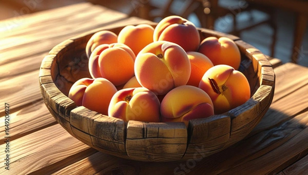Fototapeta Juicy sun-kissed peaches overflow from a rustic wooden bowl, promising sweet summer flavor and natural goodness
