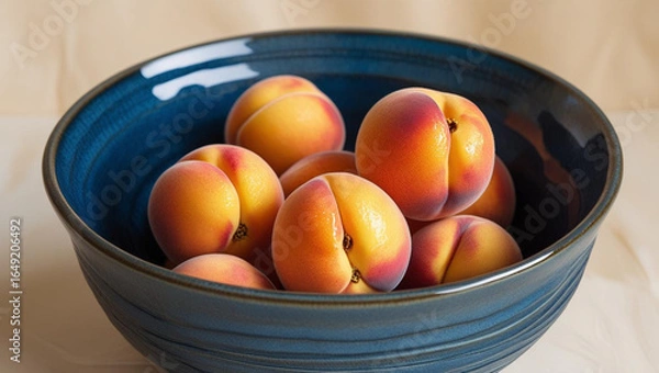 Fototapeta Ripe, juicy apricots artfully arranged in a deep blue ceramic bowl, showcasing vibrant colors and fresh textures perfect for healthy eating concepts