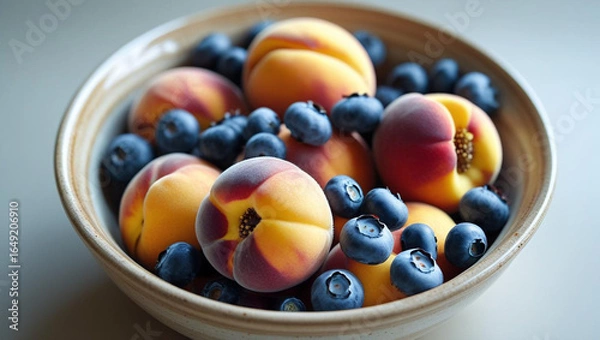 Fototapeta Vibrant peaches and blueberries artfully arranged in a rustic bowl, bursting with fresh, natural sweetness and healthy goodness.