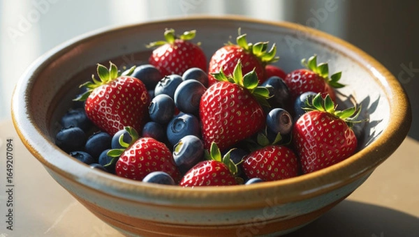 Fototapeta Vibrant fresh strawberries and juicy blueberries artfully arranged in a rustic ceramic bowl, bursting with natural goodness and summer flavor.