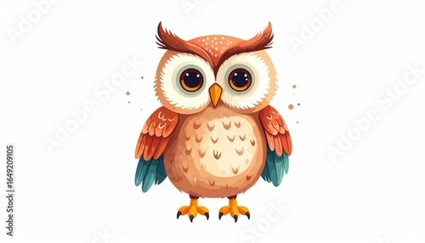 Fototapeta Charming little cartoon owl with big expressive eyes. Adorable baby bird character in a whimsical, colorful art style isolated on a white background.