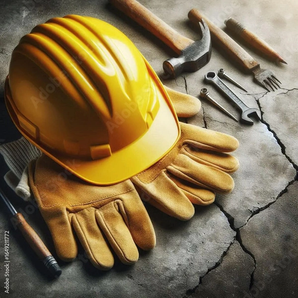Fototapeta Image depicting a Labor Day concept with a yellow hard hat and work gloves placed on a cracked concrete surface
