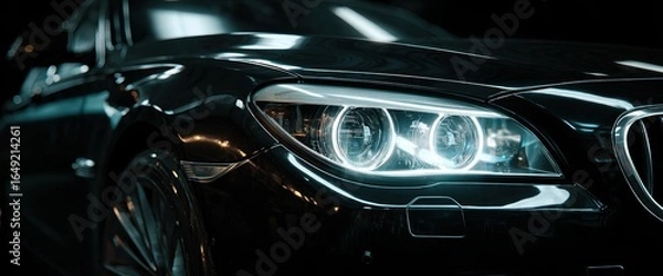 Fototapeta Sleek black car with illuminated headlights in a dark setting, showcasing modern automotive design and elegance.