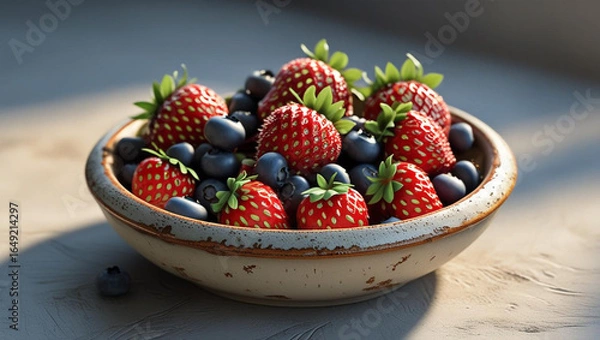 Fototapeta Fresh strawberries and blueberries bursting with vibrant color in a rustic bowl, perfect for healthy eating and summer recipes