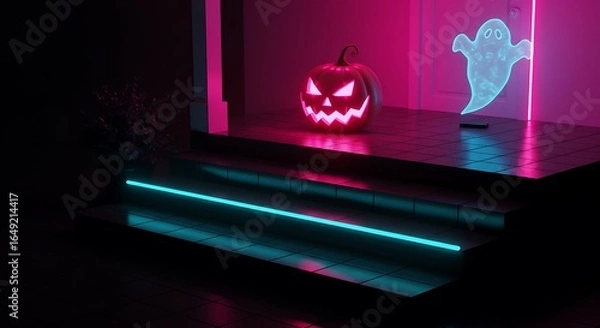 Fototapeta Sleek modern porch with neon LED jack-o’-lantern and hologram ghost projector